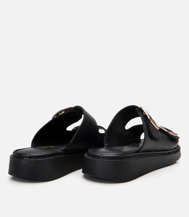  Kadın Deri Siyah Kemerli Düz Terlik