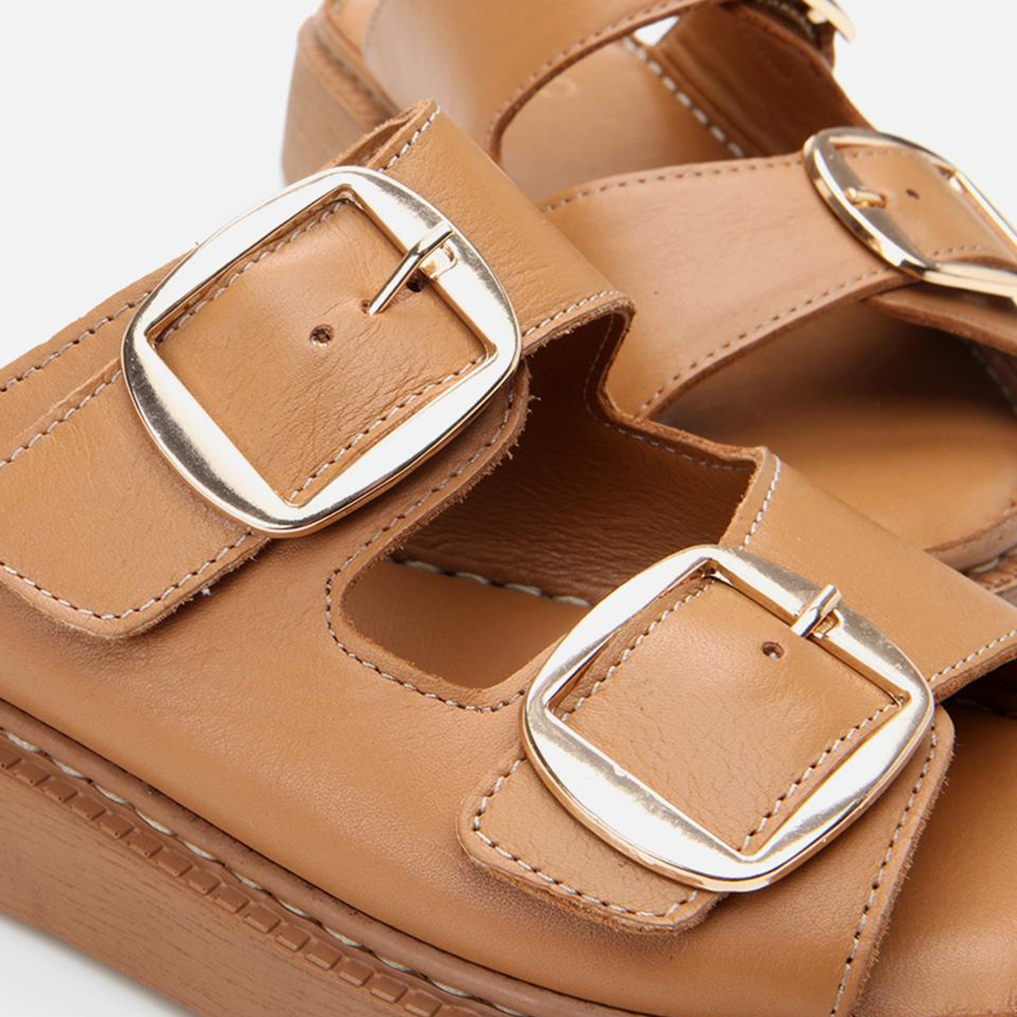 Kadın Deri Taba Kemerli Düz Terlik