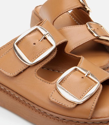  Kadın Deri Taba Kemerli Düz Terlik