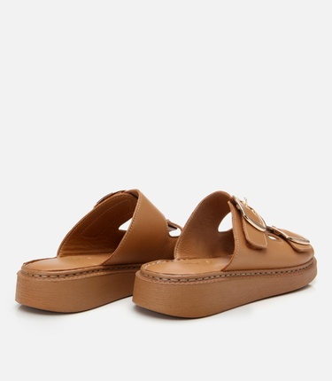  Kadın Deri Taba Kemerli Düz Terlik