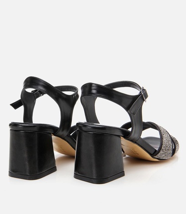  Kadın Siyah Taşlı Abiye Kalın Topuklu Sandalet