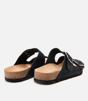  Kadın Nubuk Deri Siyah Kemerli Düz Terlik