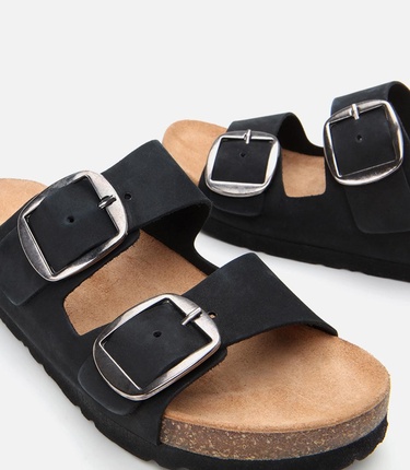  Kadın Nubuk Deri Siyah Kemerli Düz Terlik