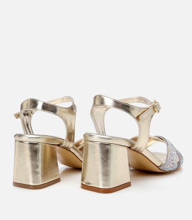  Kadın Gold Taşlı Abiye Kalın Topuklu Sandalet