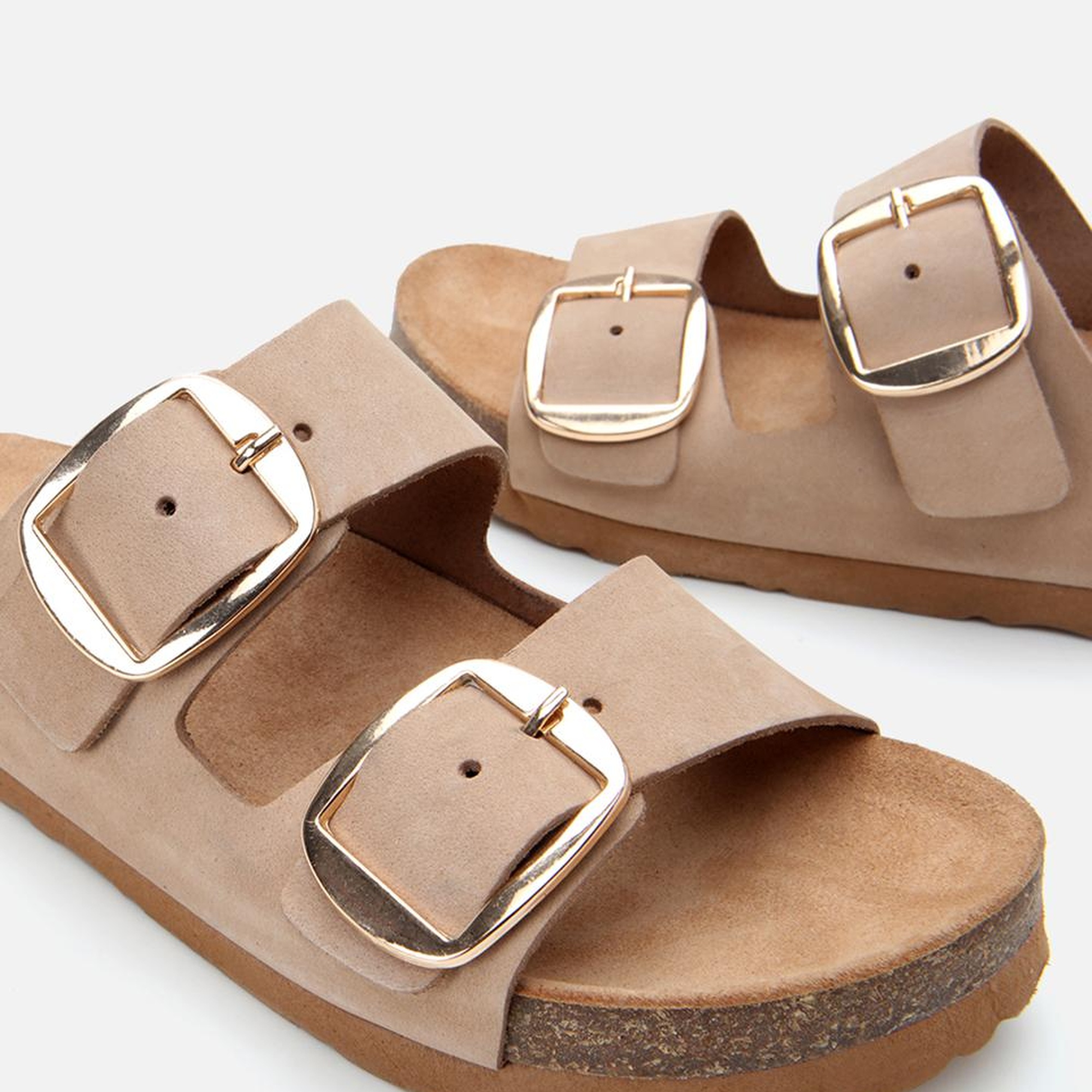 Kadın Nubuk Deri Bej Kemerli Düz Terlik