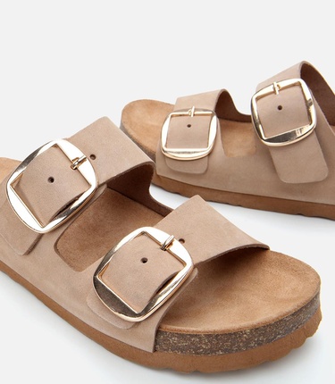  Kadın Nubuk Deri Bej Kemerli Düz Terlik