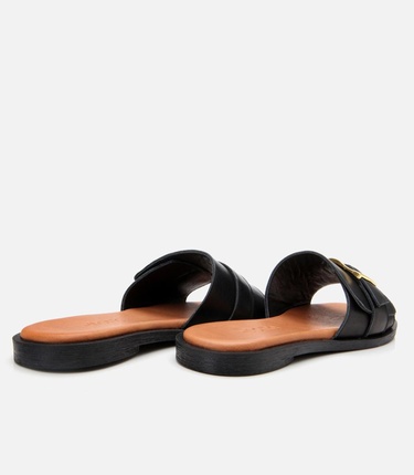  Kadın Deri Siyah Kemer Detaylı Düz Terlik