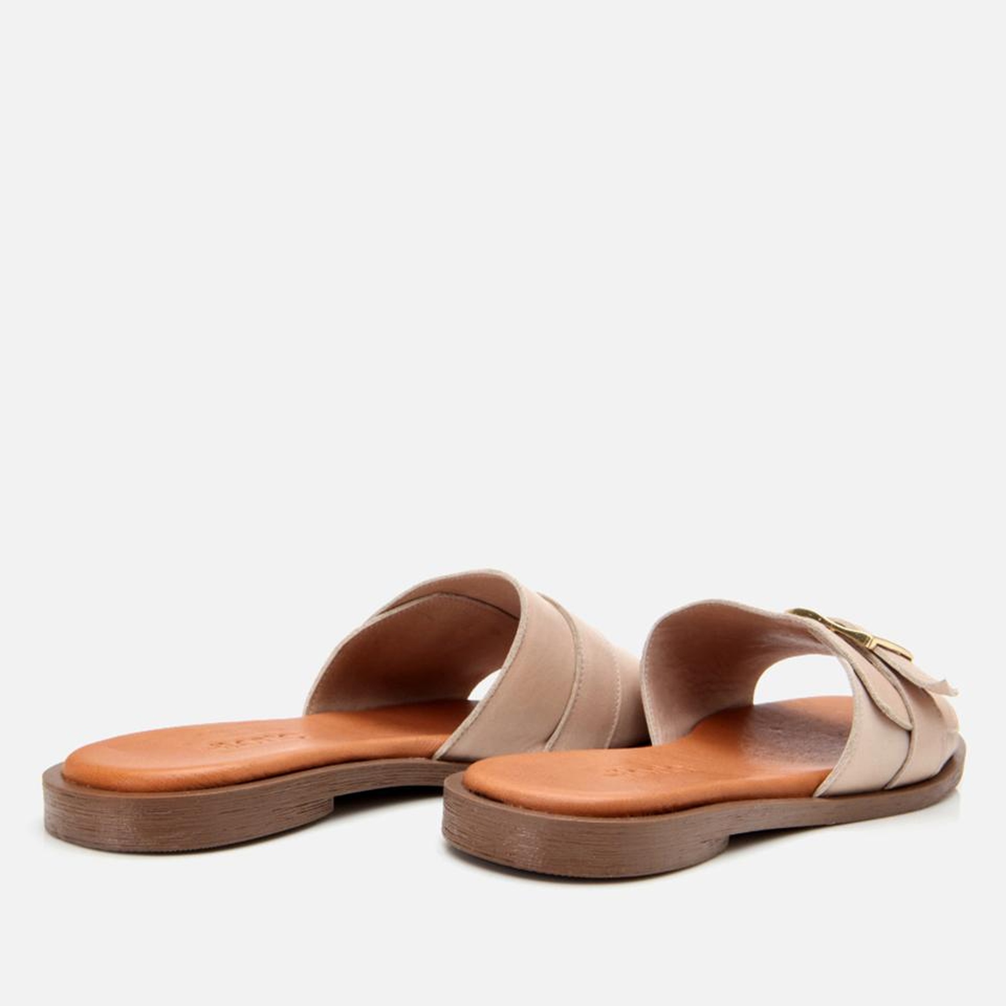 Kadın Deri Bej Kemer Detaylı Düz Terlik