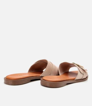  Kadın Deri Bej Kemer Detaylı Düz Terlik