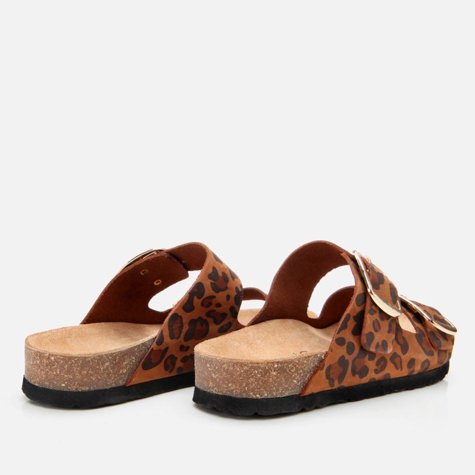 Kadın Süet Deri Taba Leopar Desenli Kemerli Düz Terlik