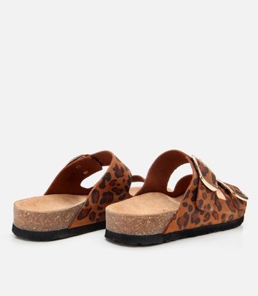  Kadın Süet Deri Taba Leopar Desenli Kemerli Düz Terlik