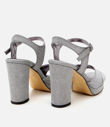  Kadın Platin Simli Abiye Yüksek Topuklu Sandalet