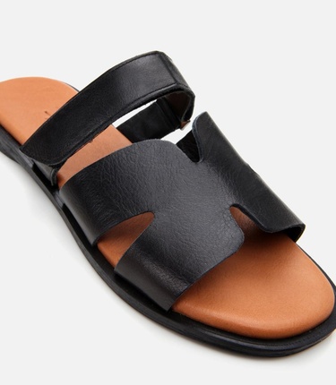  Kadın Deri Siyah Ayarlanabilir Düz Terlik