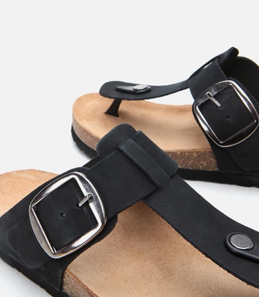  Kadın Nubuk Deri Siyah Kemerli Parmak Arası Terlik