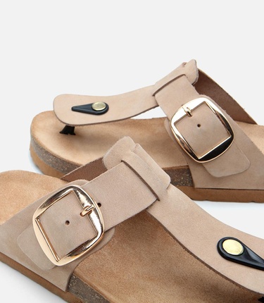  Kadın Nubuk Deri Bej Kemerli Parmak Arası Terlik