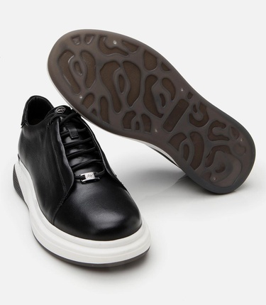  Erkek Deri Siyah Yüksek Tabanlı Spor Ayakkabı