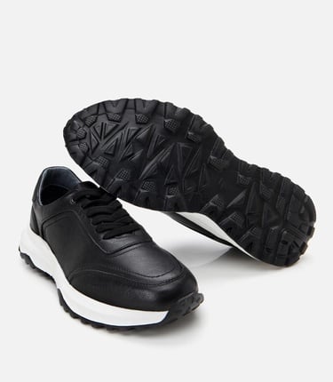  Erkek Deri Siyah Yumuşak Tabanlı Spor Ayakkabı