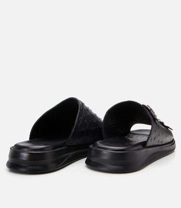  Erkek Deri Siyah Hafif Tabanlı Kemer Detaylı Terlik