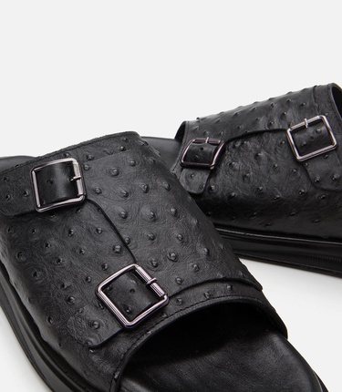  Erkek Deri Siyah Hafif Tabanlı Kemer Detaylı Terlik