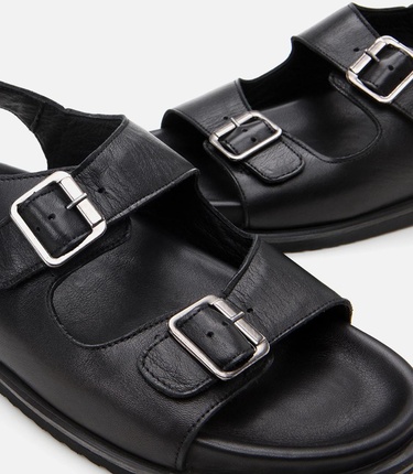  Erkek Deri Siyah Ayarlanabilir Rahat Tabanlı Sandalet