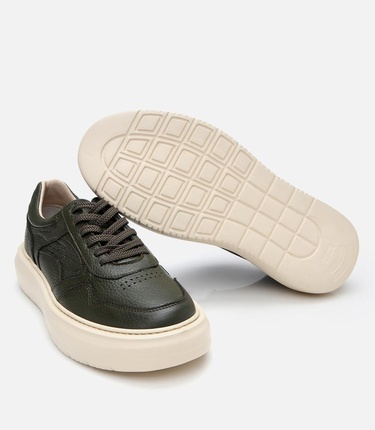  Erkek Deri Haki Yüksek Tabanlı Spor Ayakkabı