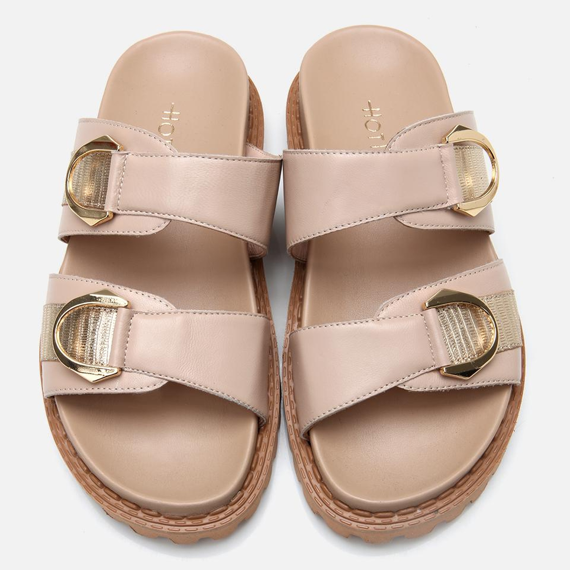 Kadın Deri Bej Tokalı Düz Terlik