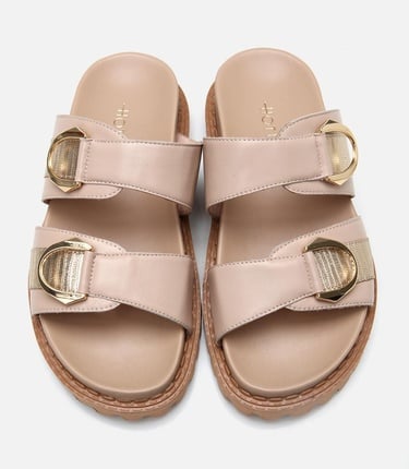  Kadın Deri Bej Tokalı Düz Terlik