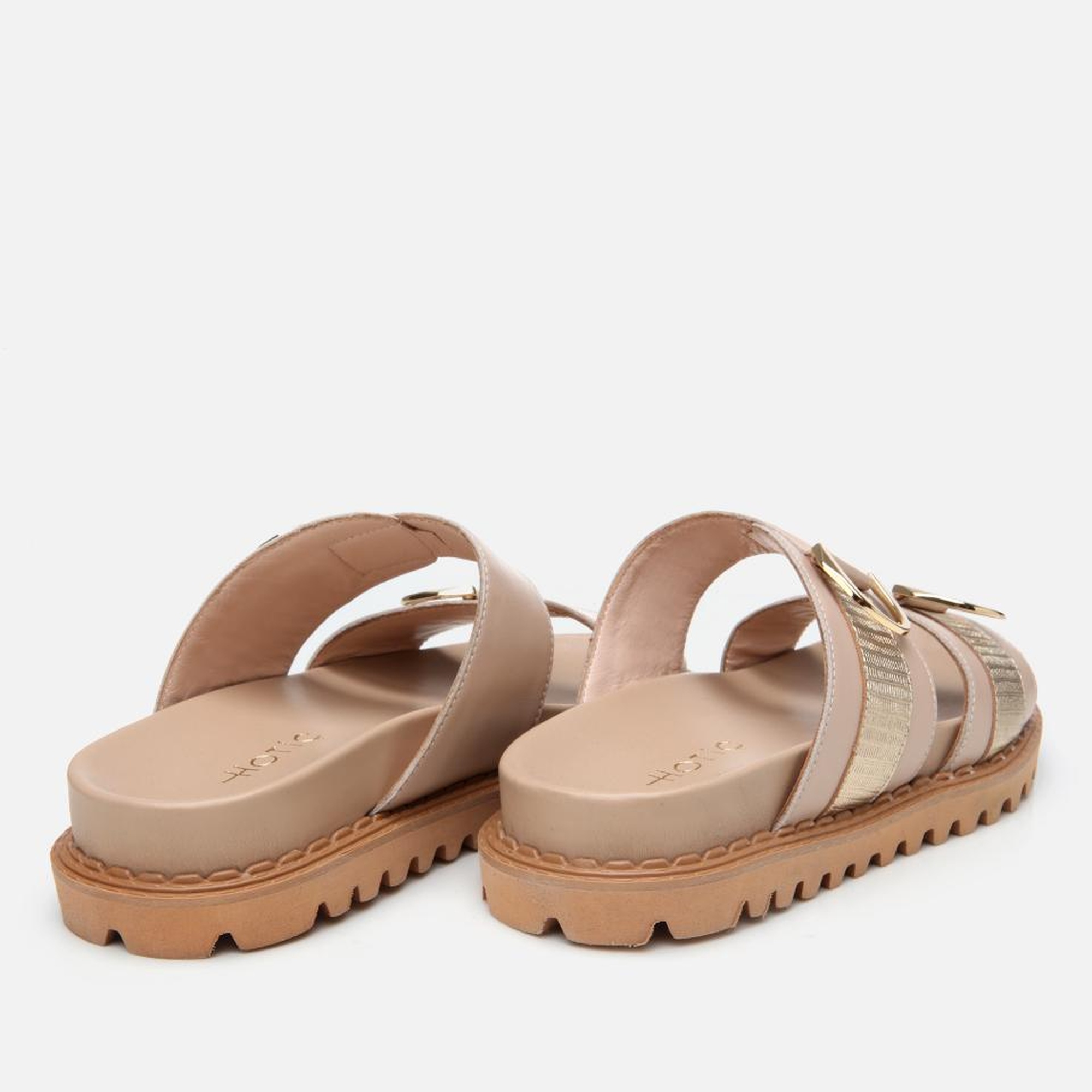 Kadın Deri Bej Tokalı Düz Terlik