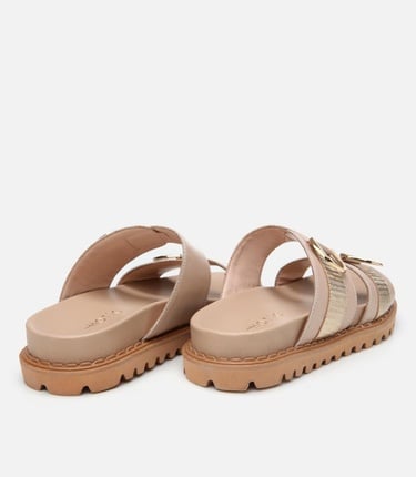  Kadın Deri Bej Tokalı Düz Terlik