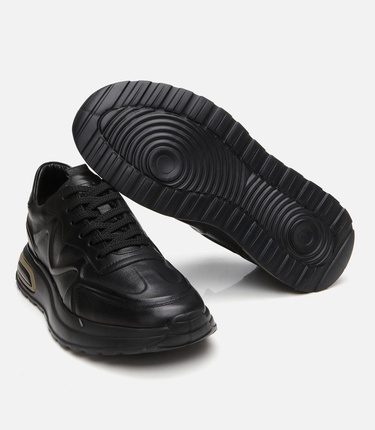  Erkek Deri Siyah Kalın Tabanlı Spor Ayakkabı