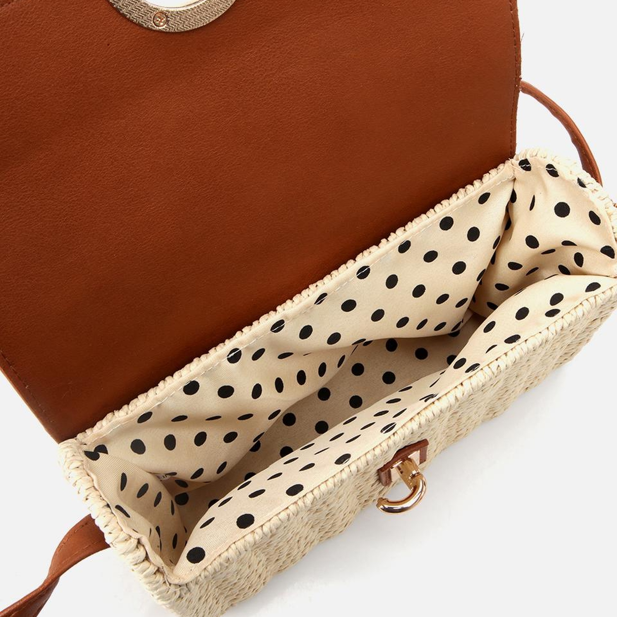 Kadın Hasır Bej Kilit Detaylı Çapraz Çanta