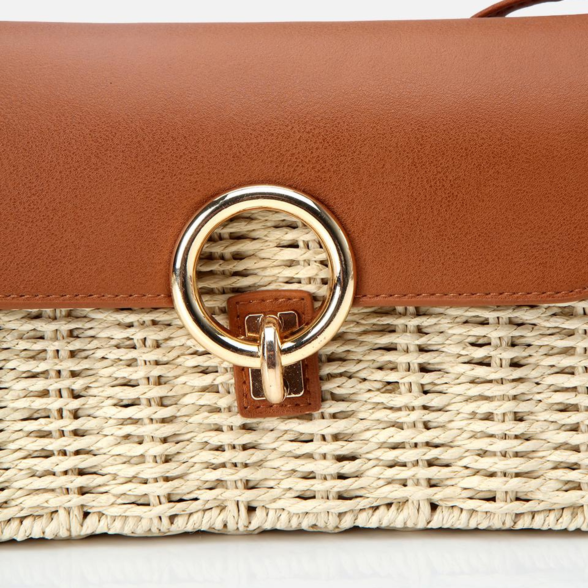 Kadın Hasır Bej Kilit Detaylı Çapraz Çanta