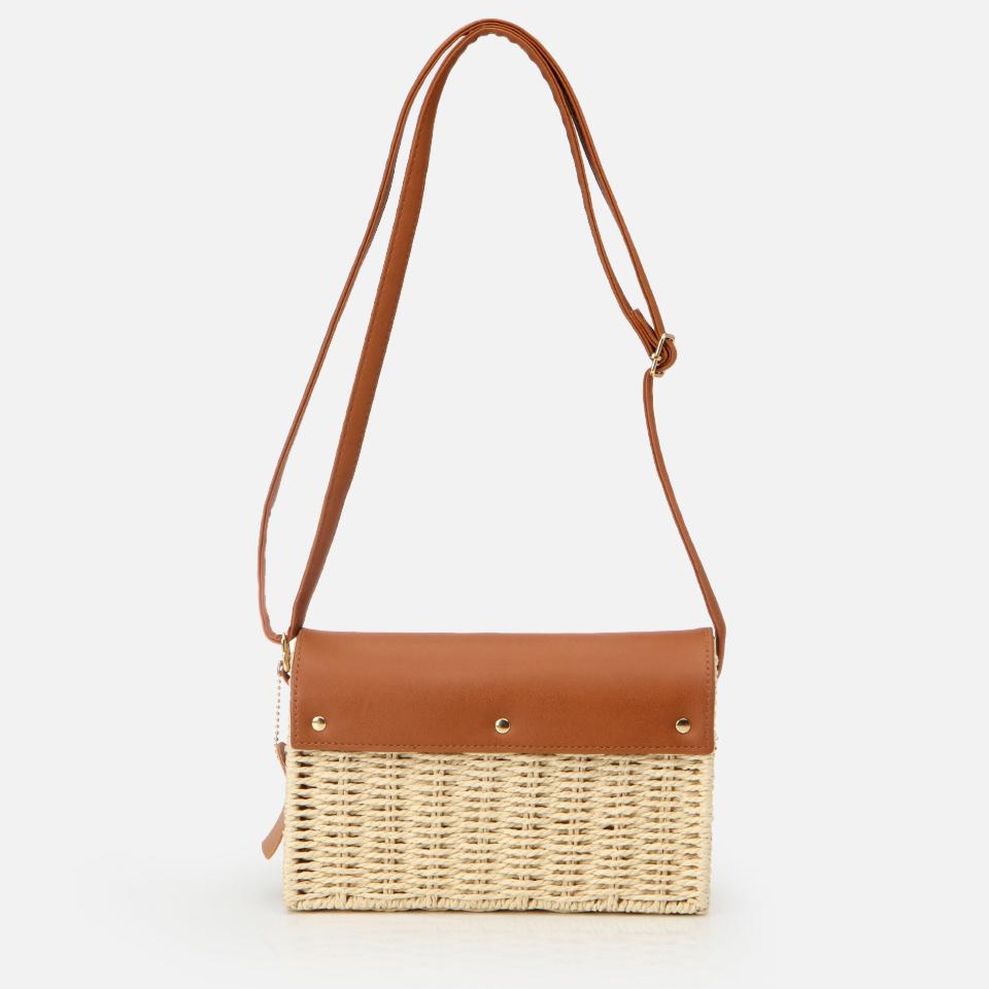 Kadın Hasır Bej Kilit Detaylı Çapraz Çanta