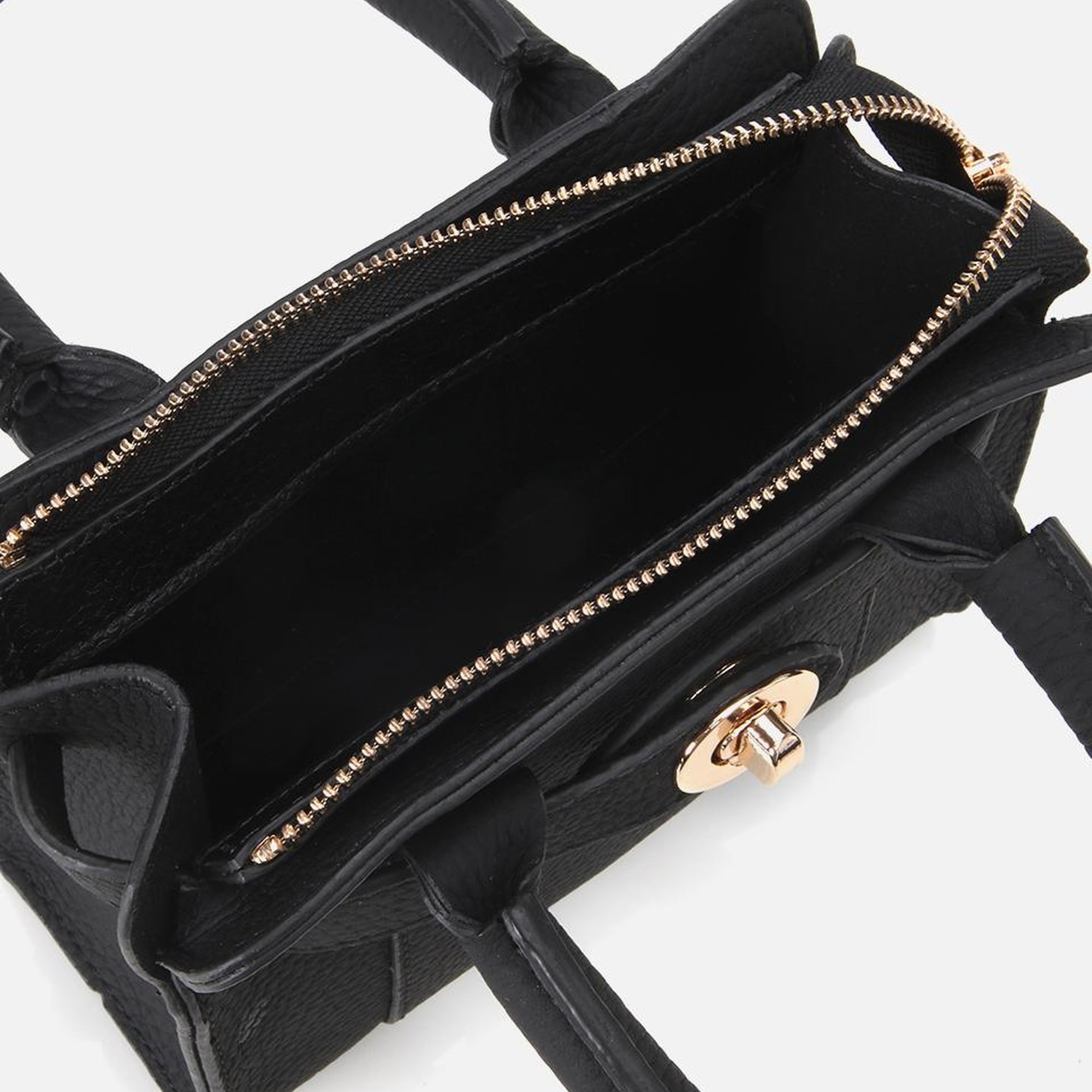 Kadın Deri Siyah Kilit Detaylı Mini Çanta