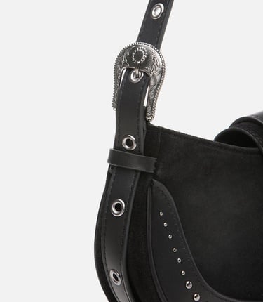  Kadın Süet Deri Siyah Toka Detaylı Omuz Çantası