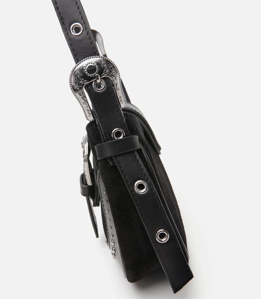  Kadın Süet Deri Siyah Toka Detaylı Omuz Çantası