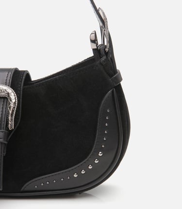  Kadın Süet Deri Siyah Toka Detaylı Omuz Çantası