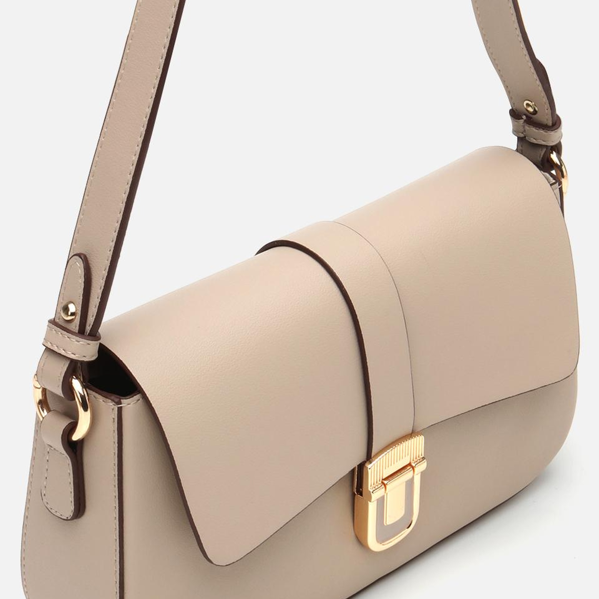 Kadın Bej Kilit Detaylı Çapraz Askılı Çanta