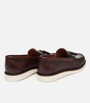  Erkek Deri Kahverengi Kroko Desenli Püskül Detaylı Günlük Loafer