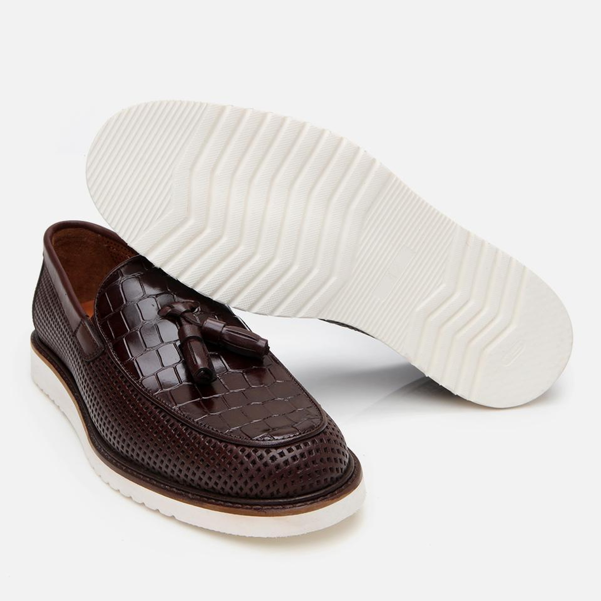 Erkek Deri Kahverengi Kroko Desenli Püskül Detaylı Günlük Loafer