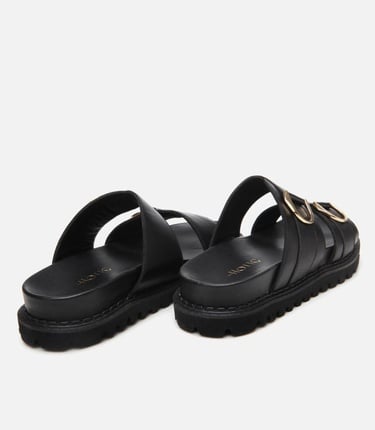  Kadın Deri Siyah Tokalı Düz Terlik