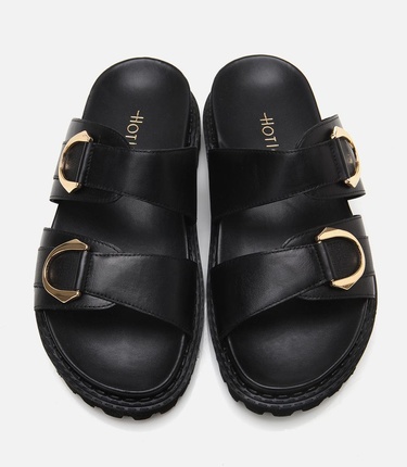  Kadın Deri Siyah Tokalı Düz Terlik