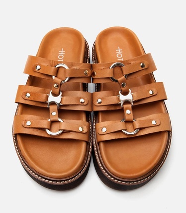  Kadın Deri Taba Tokalı Düz Terlik