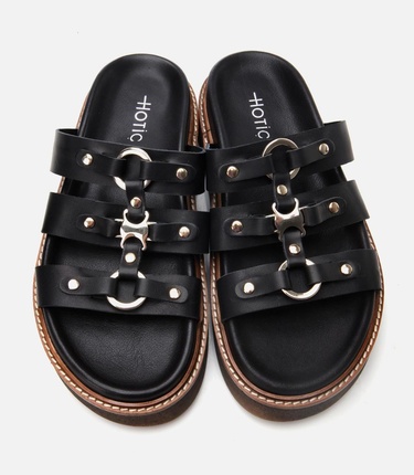  Kadın Deri Siyah Tokalı Düz Terlik