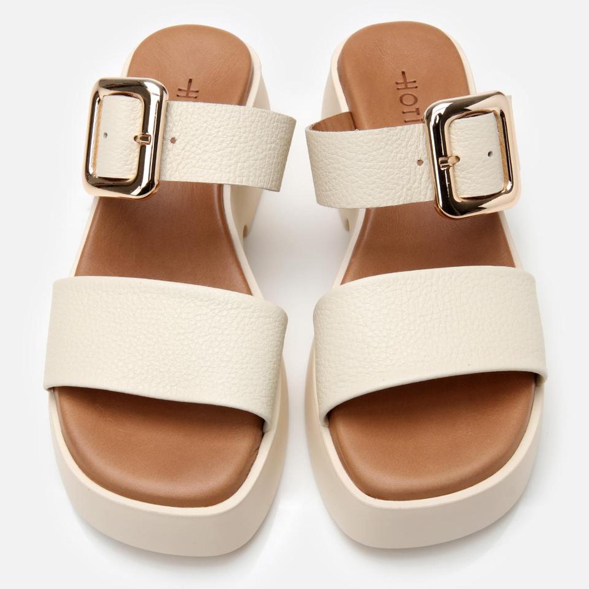 Kadın Deri Bej Kemerli Topuklu Terlik