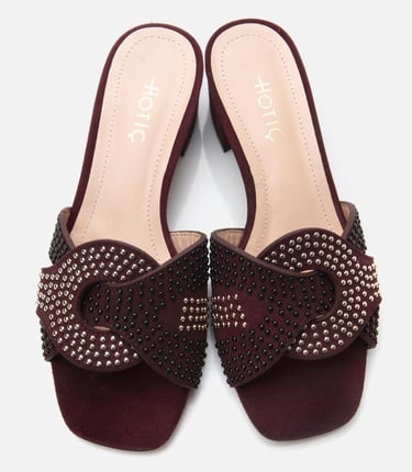  Kadın Süet Deri Bordo Taşlı Topuklu Terlik