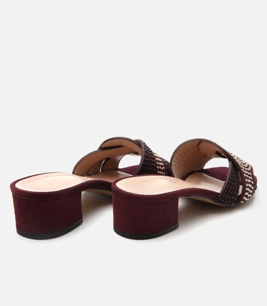  Kadın Süet Deri Bordo Taşlı Topuklu Terlik