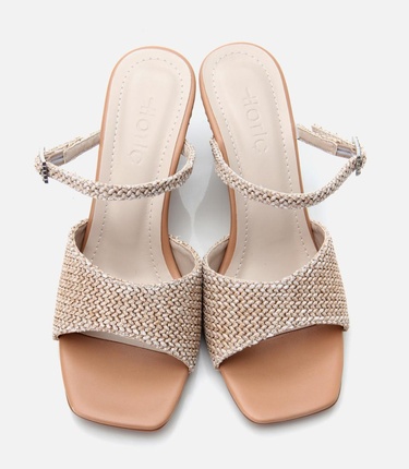  Kadın Bej Hasır Detaylı Dolgu Topuklu Terlik