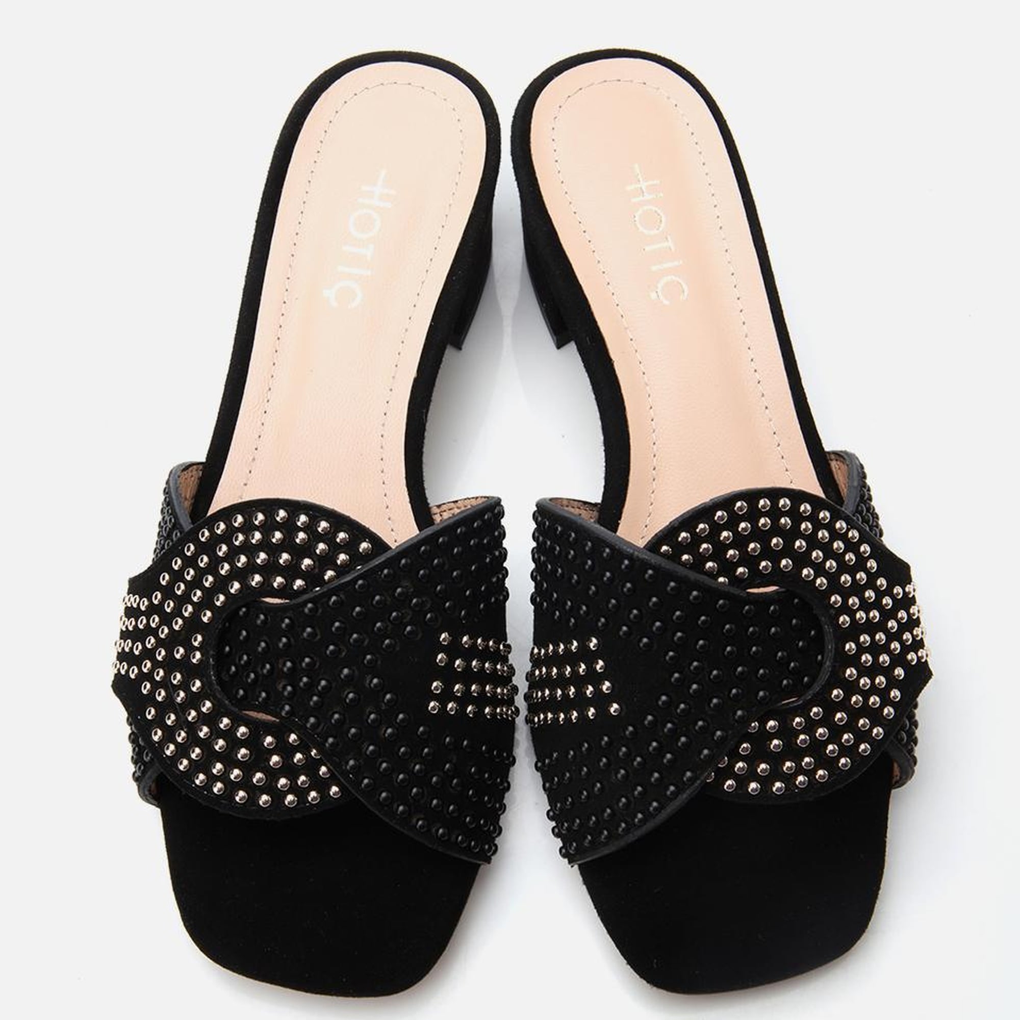 Kadın Süet Deri Siyah Taşlı Topuklu Terlik