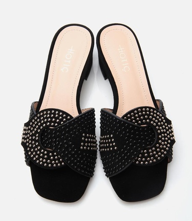  Kadın Süet Deri Siyah Taşlı Topuklu Terlik
